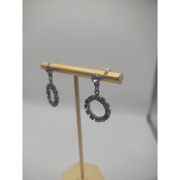 Silver Tone Drop Dangle Pierced Earrings Hoops Purple Crystal Jewelry Costume - Picture 5 of 10